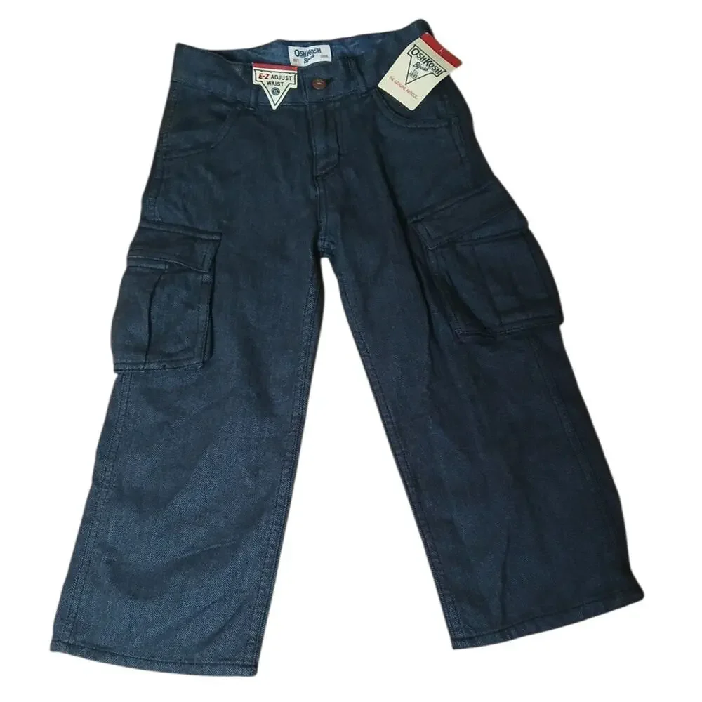 Oshkosh Boys Pants 4T Toddler E-Z Adjust Waist Cargo Dark Blue 100% Cotton NWT‎